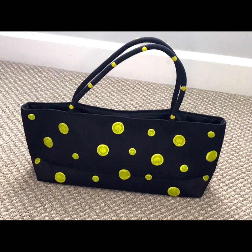 Black and green embroidered polka dot purse